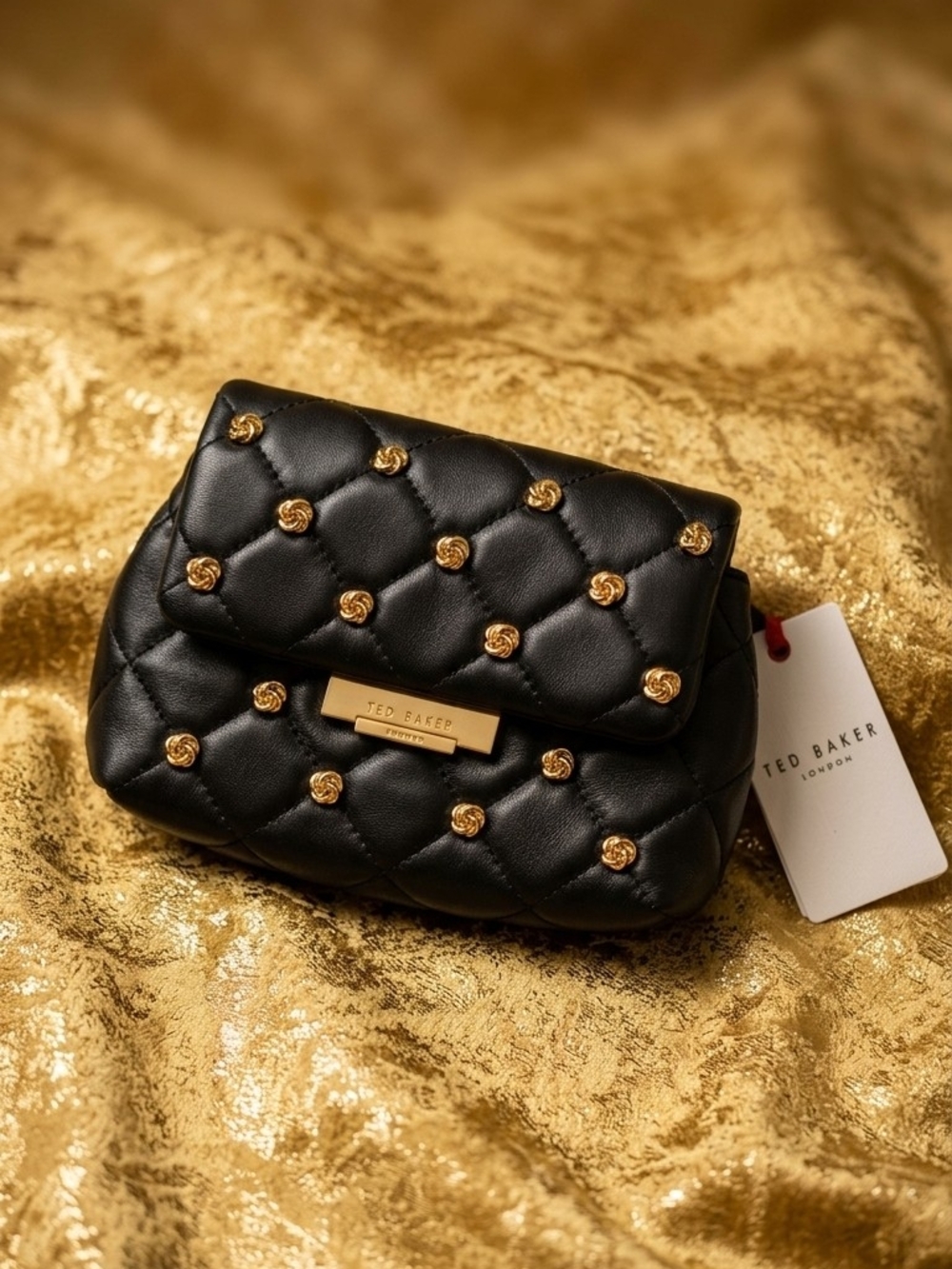 Ted Baker Black Quilted Mini Crossbody Bag with Gold Floral Studs